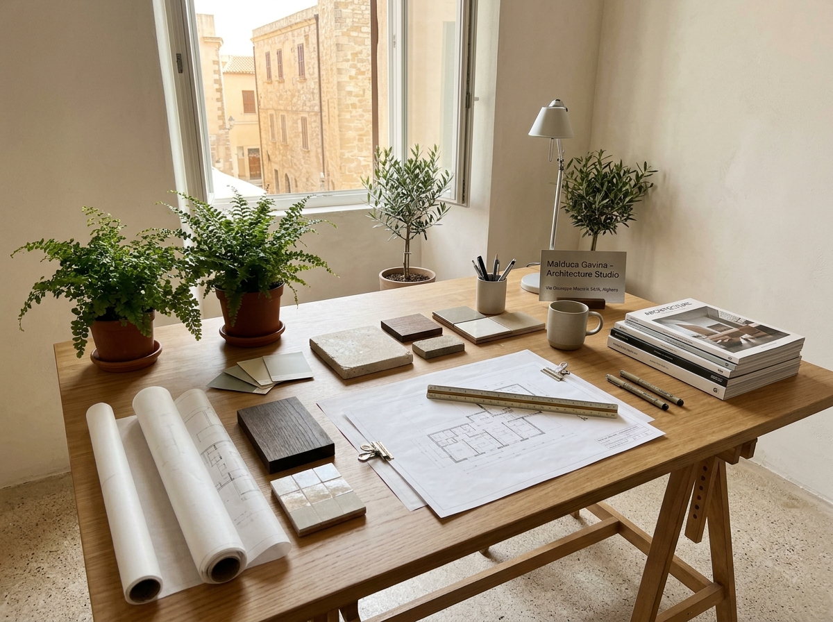 Materiali e tavolo da progetto nello studio di Arch. Malduca Gavina